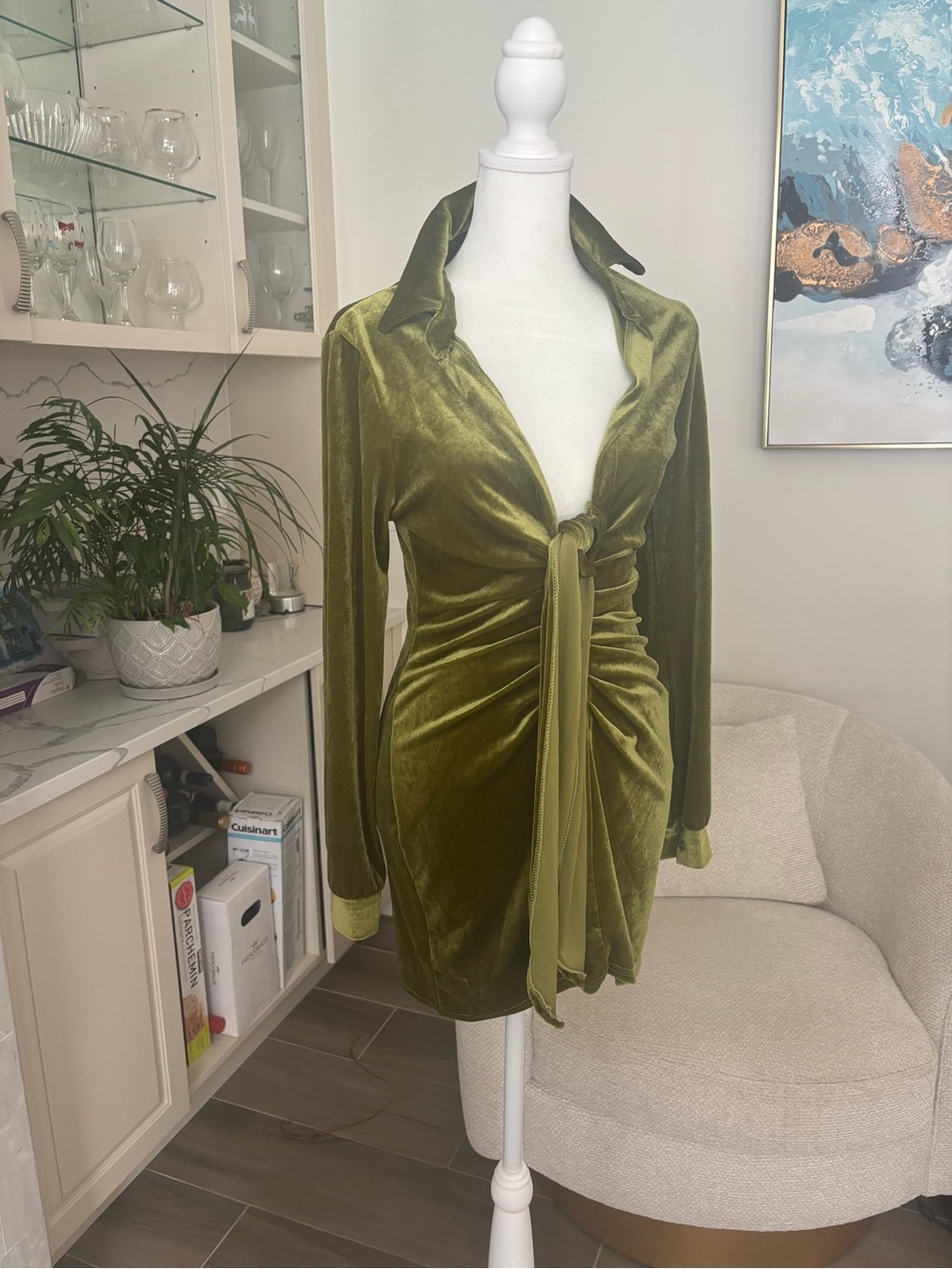 Olive Green Velvet Tie-Front Mini Dress - Women